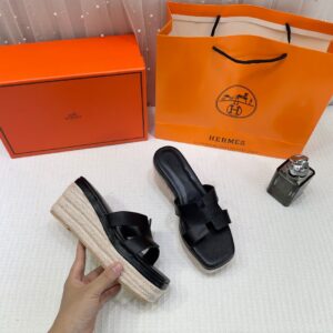 hermes black oran wedge platform sandal heel with og box & carry bag black leather