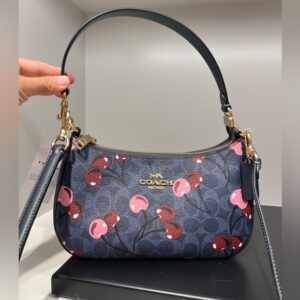 coach teri shoulder bag signature canvas cherry print flower blue with og box dust cover carry bag 88075