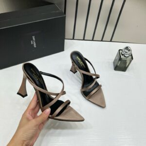 ysl saint laurent paris strappy heeled sandals heels with og box & carry bag soft gold beige