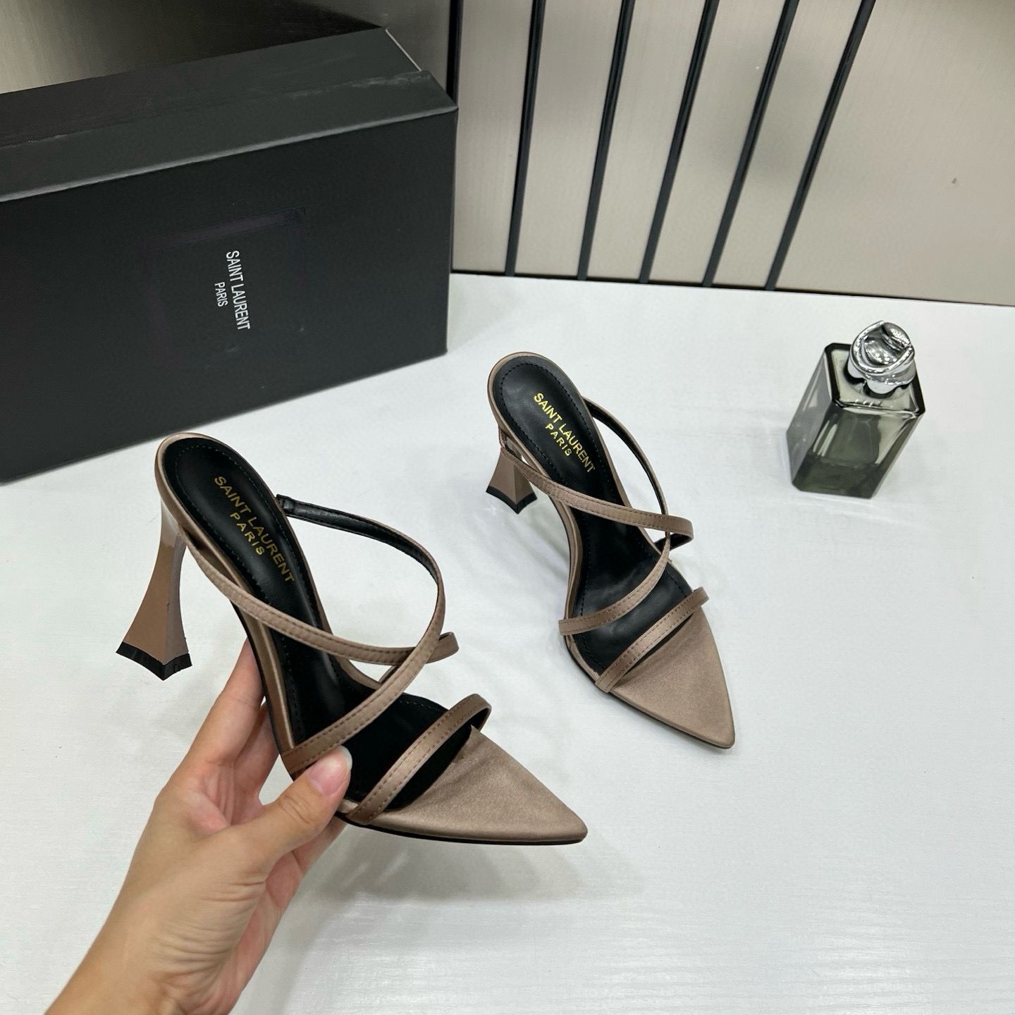 ysl saint laurent paris strappy heeled sandals heels with og box & carry bag soft gold beige ysl saint laurent paris strappy heeled sandals heels with og box & carry bag soft gold beige