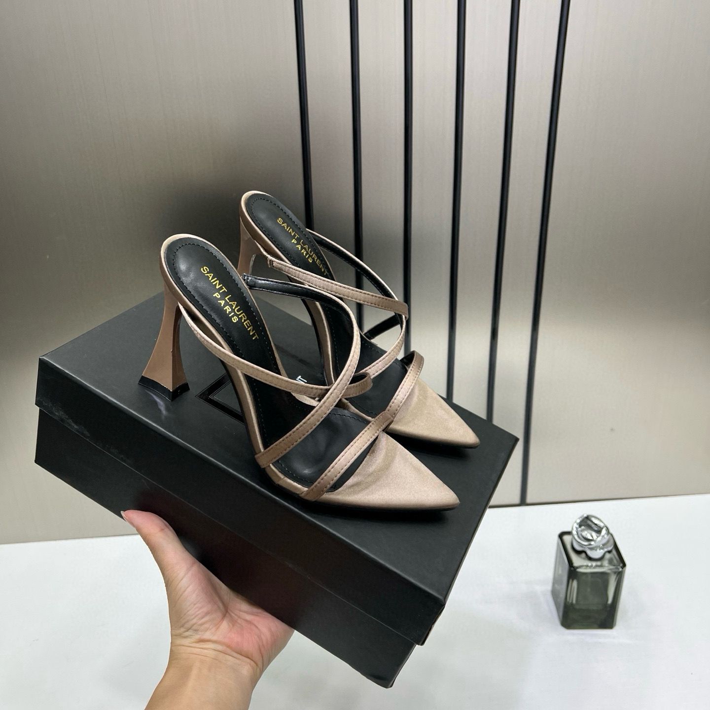 ysl saint laurent paris strappy heeled sandals heels with og box & carry bag soft gold beige ysl saint laurent paris strappy heeled sandals heels with og box & carry bag soft gold beige