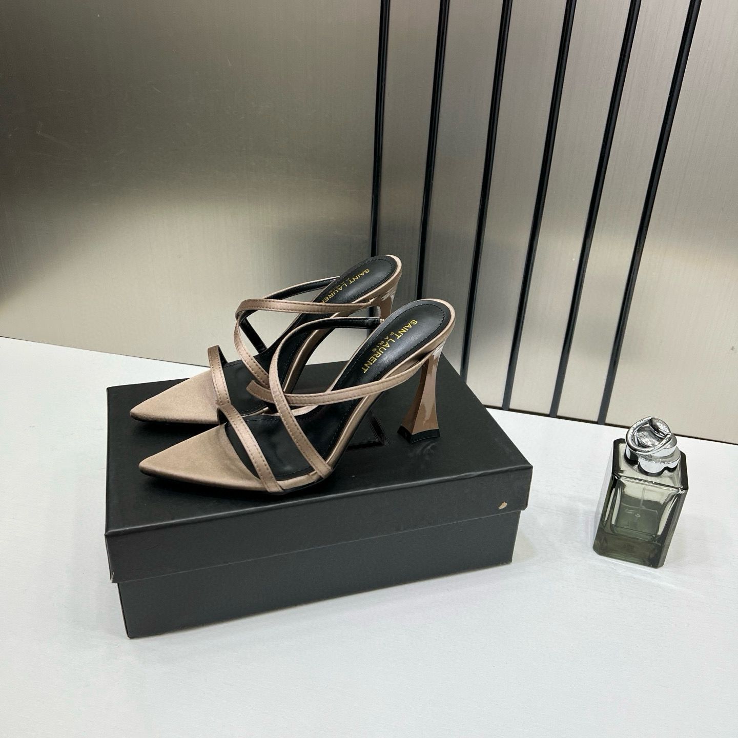 ysl saint laurent paris strappy heeled sandals heels with og box & carry bag soft gold beige ysl saint laurent paris strappy heeled sandals heels with og box & carry bag soft gold beige