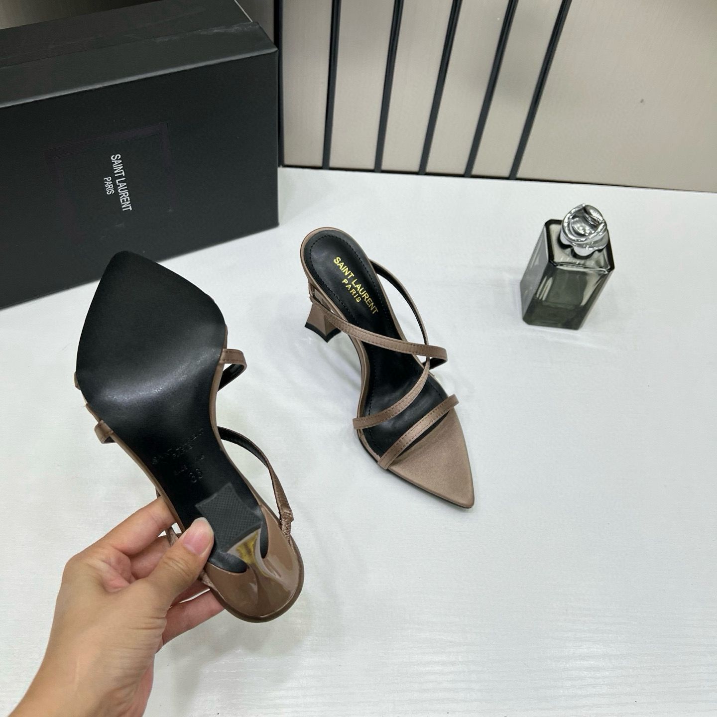 ysl saint laurent paris strappy heeled sandals heels with og box & carry bag soft gold beige ysl saint laurent paris strappy heeled sandals heels with og box & carry bag soft gold beige