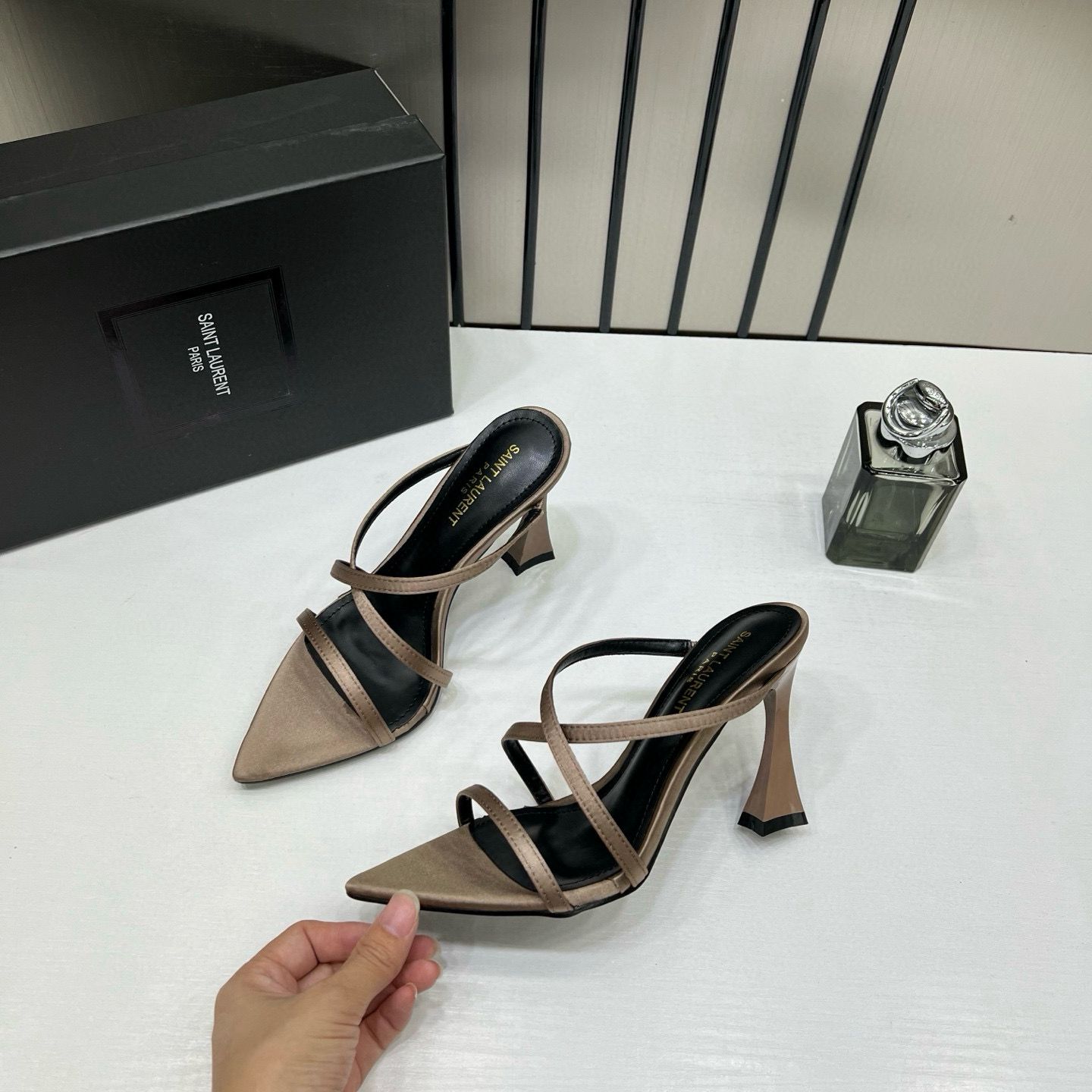 ysl saint laurent paris strappy heeled sandals heels with og box & carry bag soft gold beige ysl saint laurent paris strappy heeled sandals heels with og box & carry bag soft gold beige