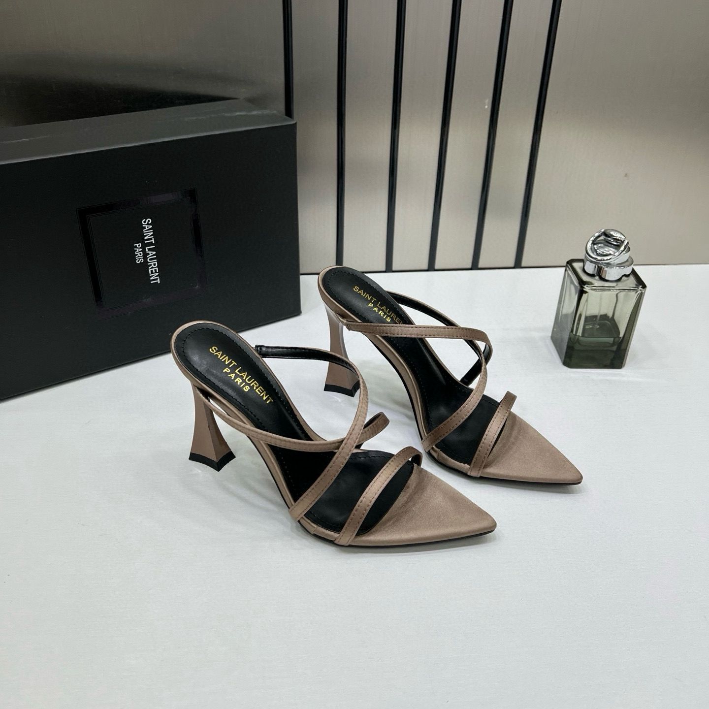 ysl saint laurent paris strappy heeled sandals heels with og box & carry bag soft gold beige ysl saint laurent paris strappy heeled sandals heels with og box & carry bag soft gold beige