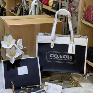 coach field tote 30 authenic black canvas with pouch og box & dust bag 6739 black