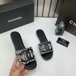 chanel tweed fabric slide sandals with og box & carry bag black cc logo 1892