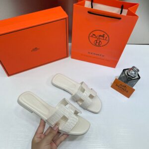 hermes paris oran flats croc leather white for her with og box & carry bag white slide