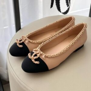 chanel ballet flats apricot black cc logo for women with og box & carry bag g34087