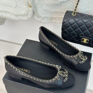 chanel ballet flats black cc logo for women with og box & carry bag g34087