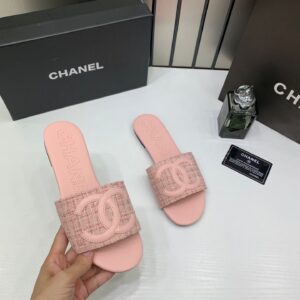 chanel tweed fabric slide sandals with og box & carry bag pink cc logo 1892