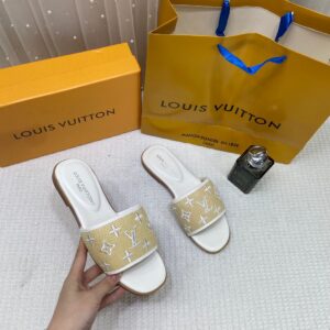 louis vuitton monogram raffia slide sandals beige & white with og box & carry bag