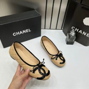 chanel quilted cambon leather ballet flats in apricot beige black toe bow with og box & carry bag