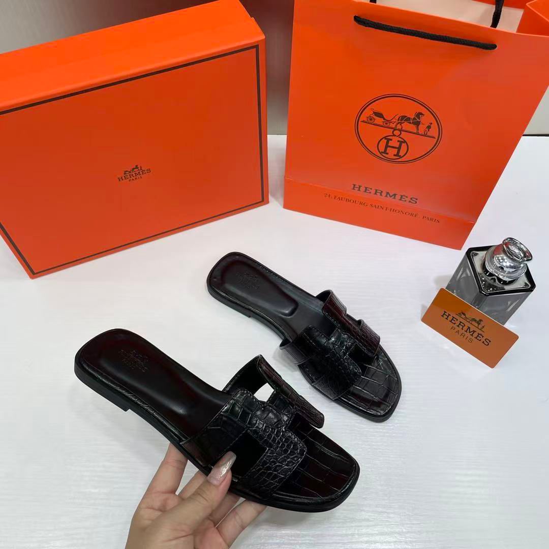 hermes paris oran flats croc leather black for her with og box & carry bag black slide h 38