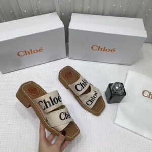 chloe premium woody mid heel slides with og box dust cover beige white ch19