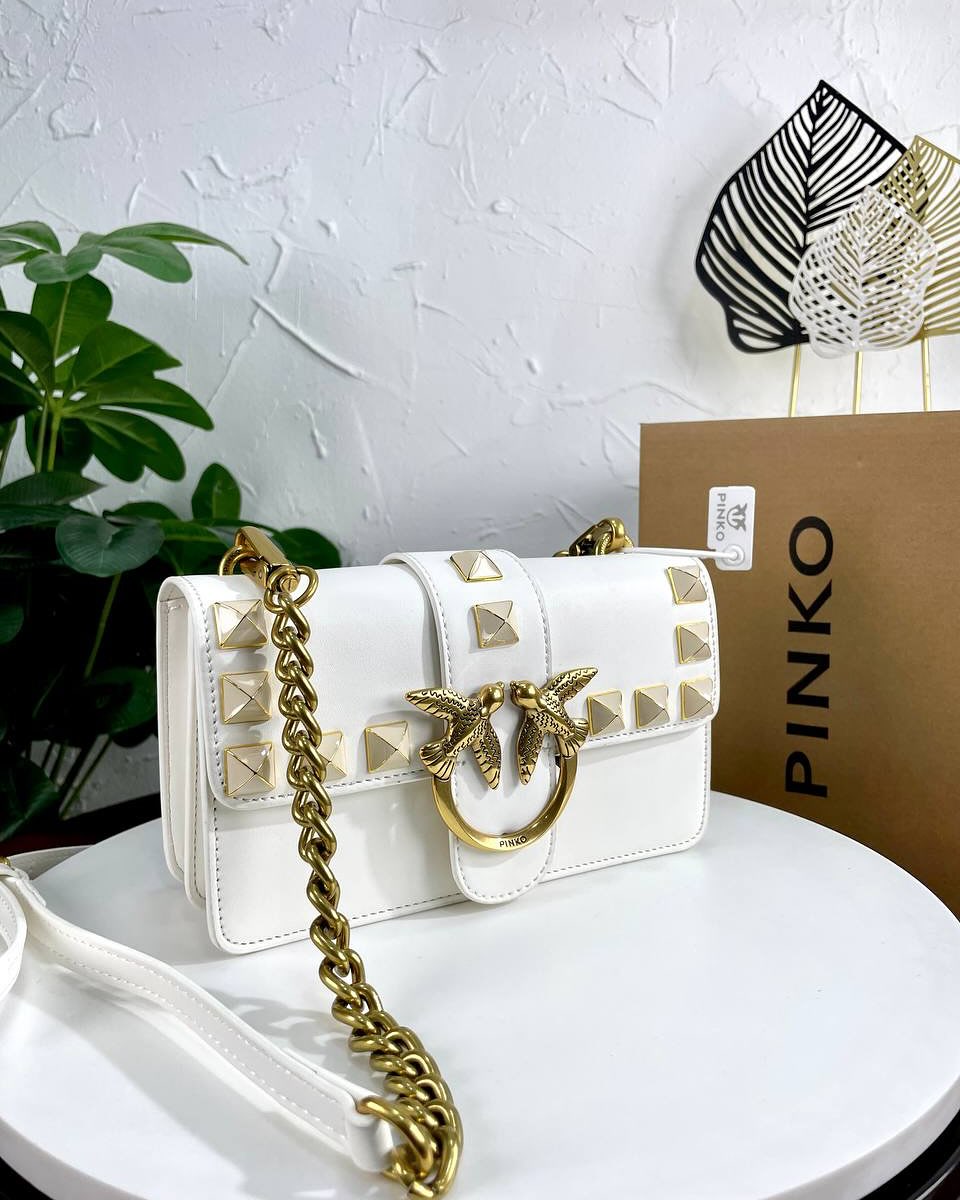 pinko love studded crossbody bag with og box & dust bag white 9917 pinko love studded crossbody bag with og box & dust bag white 9917