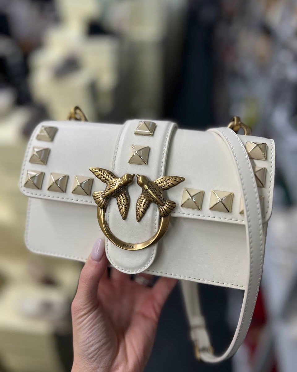 pinko love studded crossbody bag with og box & dust bag white 9917 pinko love studded crossbody bag with og box & dust bag white 9917