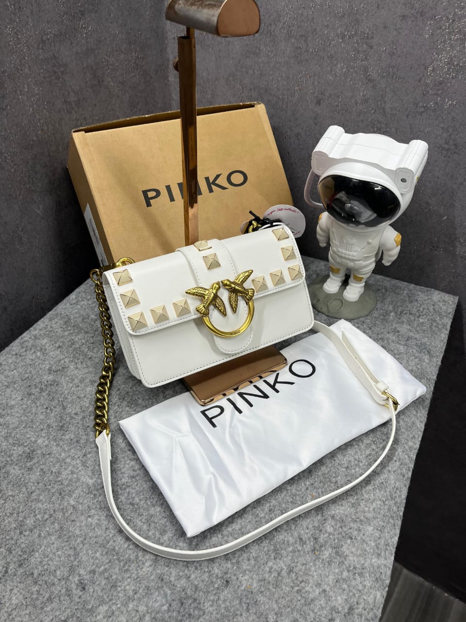 pinko love studded crossbody bag with og box & dust bag white 9917 pinko love studded crossbody bag with og box & dust bag white 9917