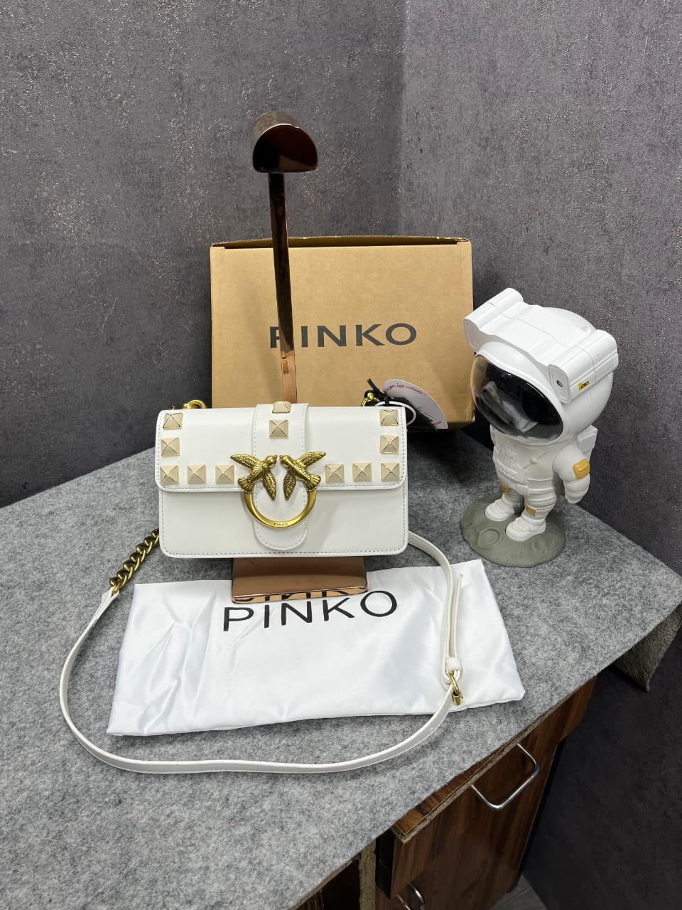 pinko love studded crossbody bag with og box & dust bag white 9917 pinko love studded crossbody bag with og box & dust bag white 9917
