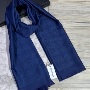 tory burch navy blue tonal double t logo monogram luxury pashmina scarf with polythene