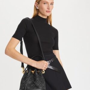 tory burch t monogram jacquard bucket bag with og box & dust cover black