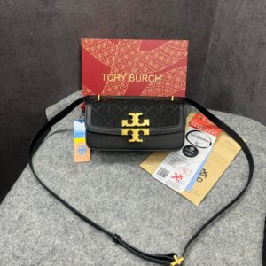 tory burch eleanor t monogram small convertible shoulder bag black jacquard with og box & dust cover 861568