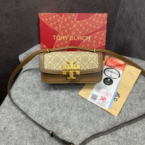 tory burch eleanor t monogram small convertible shoulder bag hazelnut brown with og box & dust cover 861568