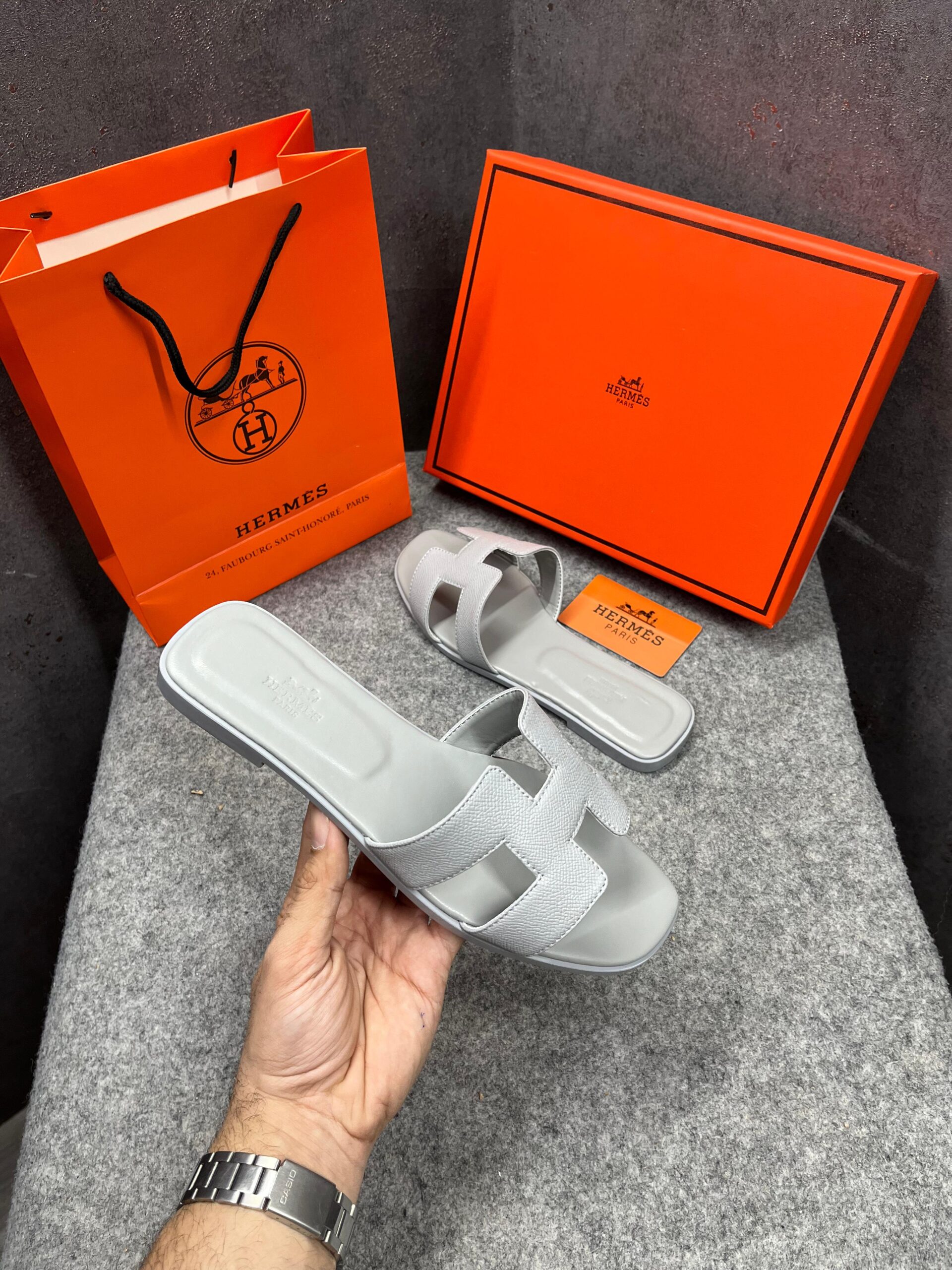 hermes paris oran flats for her with og box & carry bag all light blue slide h38 light blue hermes paris oran flats for her with og box & carry bag all light blue slide h38 light blue