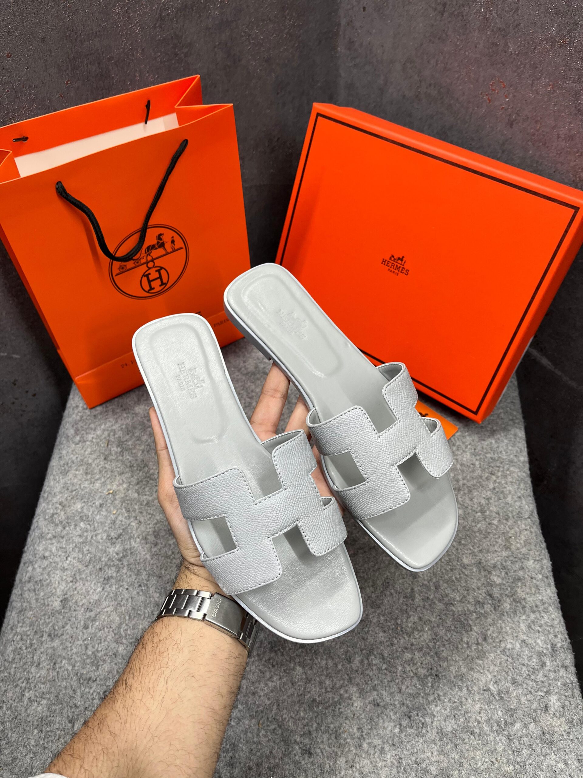 hermes paris oran flats for her with og box & carry bag all light blue slide h38 light blue hermes paris oran flats for her with og box & carry bag all light blue slide h38 light blue
