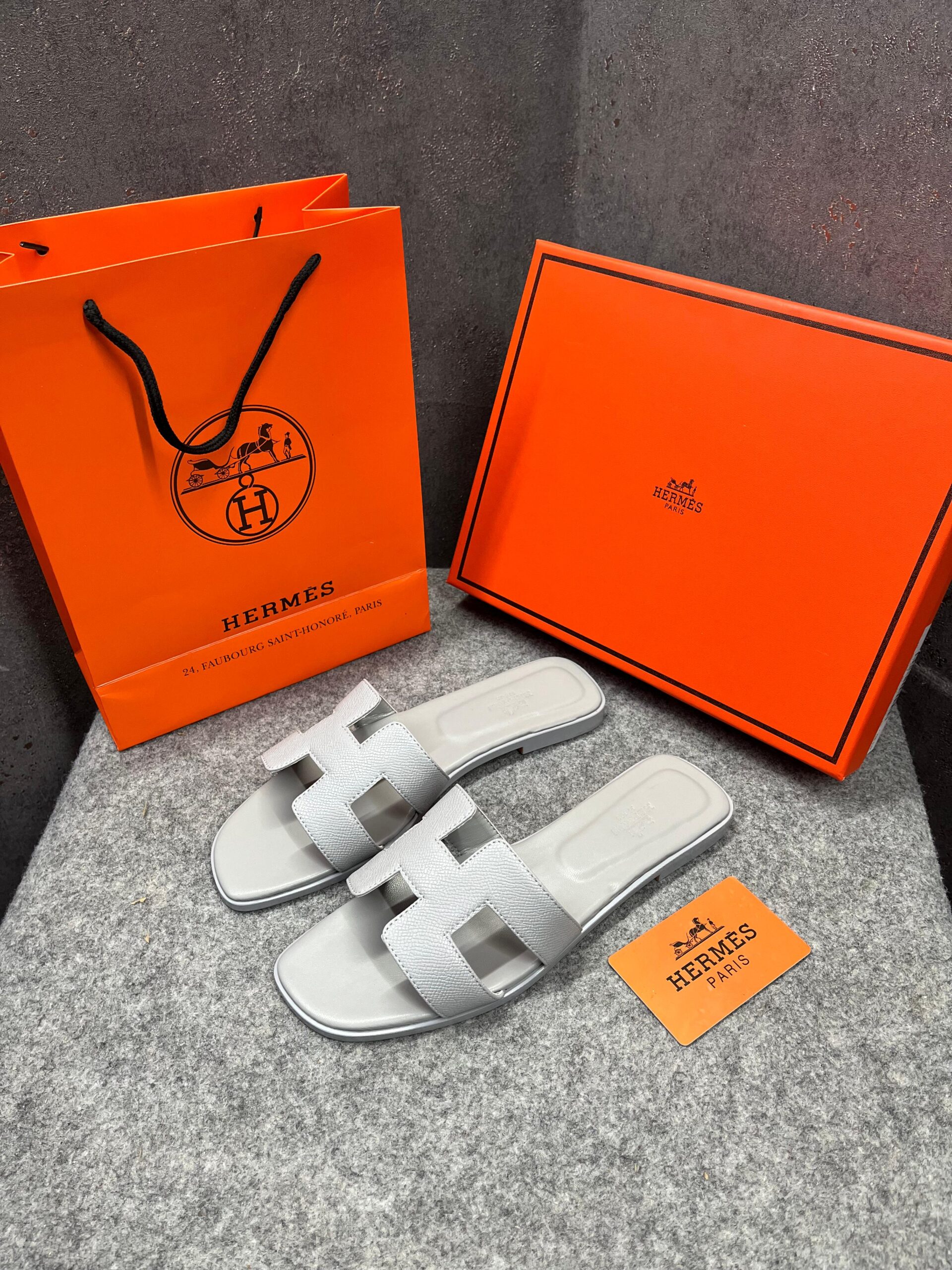 hermes paris oran flats for her with og box & carry bag all light blue slide h38 light blue hermes paris oran flats for her with og box & carry bag all light blue slide h38 light blue
