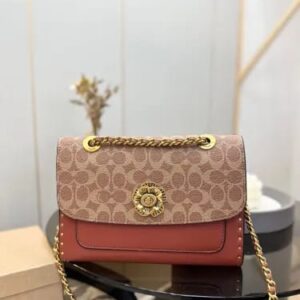 coach cc signature rivet parker 18 shoulder bag caramel with og box & dust cover 28033