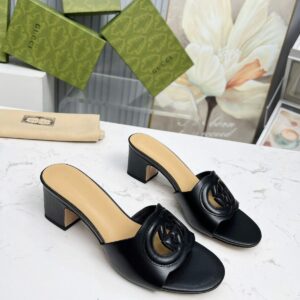 gucci gg cutout logo mid heel slide sandal black interlocking g with og box & carry bag