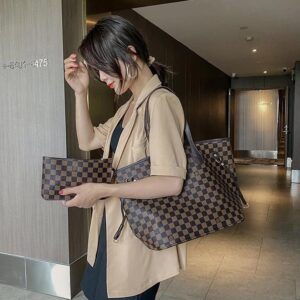 louis vuitton neverfull mm tote bag with pouch monogram eclipse pattern brown grid with dust cover n40156