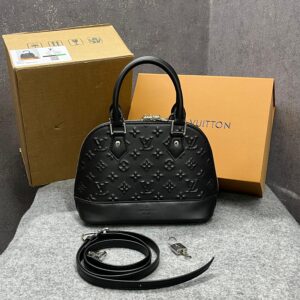 louis vuitton alma bb handbag black leather all over embossed with og double box dust cover black 22783 shell black