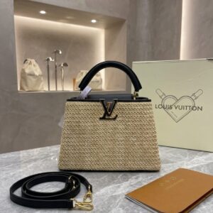 louis vuitton capucines medium natural raffia with black og double box with dust bag 98147 single black