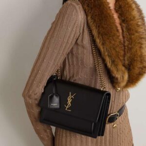 ysl saint laurent sunset medium leather shoulder bag gold black with og box & carry bag gold black y2503