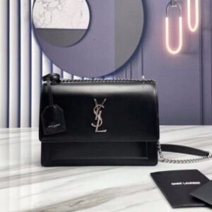 ysl saint laurent sunset medium leather shoulder bag with og box & carry bag antique silver hardware black y2503