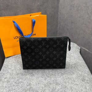 louis vuitton pochette voyage mm clutch with dust cover & carry bag black flower