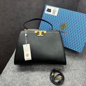 tory burch eleanor leather satchel bag signature gold tons double t hardware plaque with og box dust & cover