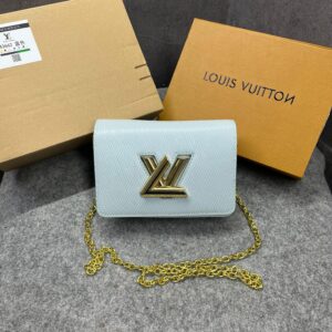 louis vuitton twist mm bag crafted epi leather sling chain strap with og double dust cover & carry bag blue 43662