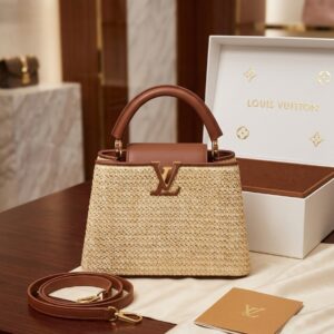 louis vuitton capucines medium brown straw woven palm with og double box with dust bag 98147 brown woven