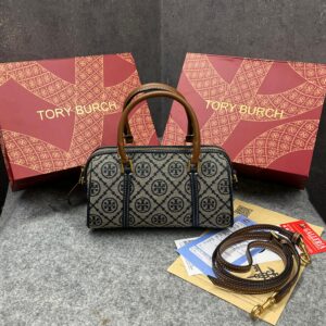 tory burch t monogram speedy barrel bag navy blue jacquard with og box & dust cover 163259