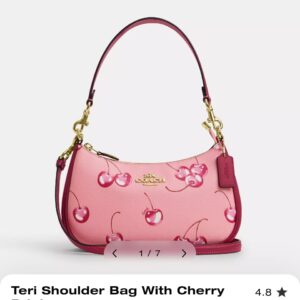 coach teri 25 shoulder bag with cherry print pinkbright violet with og box dust cover carry bag