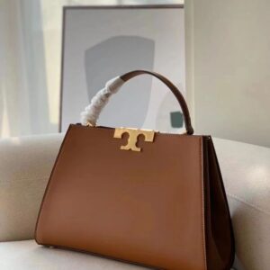 tory burch eleanor leather satchel bag brown signature gold tons double t hardware plaque with og box dust & cover 3611