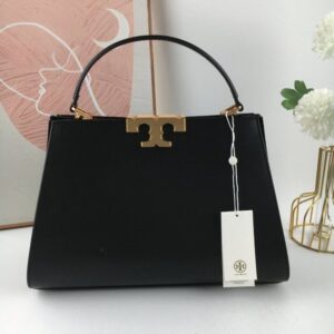 tory burch eleanor leather satchel bag black signature gold tons double t hardware plaque with og box dust & cover 3611