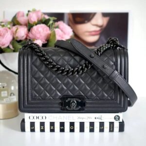 chanel boy black quilted medium grained leather handbag black tone hardware with dust cover & carry bag black black 67086