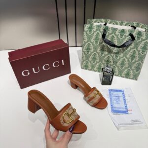 gucci horsebit slide sandals mid heel iconic gg canvas with og box & carry bag 1295 2 brown