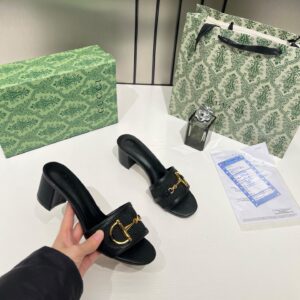 gucci horsebit slide sandals mid heel iconic gg canvas with og box & carry bag 1295 2 black