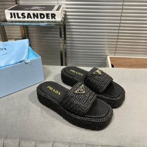 prada black crochet platform slides woven raffia texture with og box & carry bag black 0015 1a
