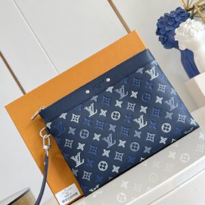 louis vuitton pochette to go monogram leather blue clutch bags blue 81781 with og box & dust cover